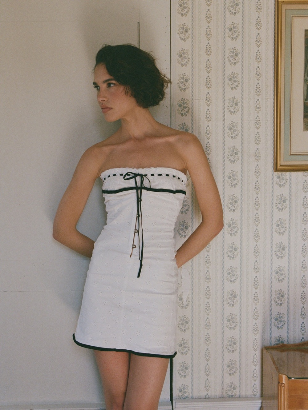 With Jean Sabrin Strapless Mini Dress Lace Up White Embroidery XL